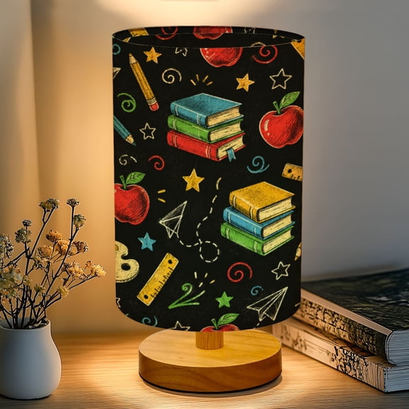 16-Color Dimmable Table Lamp, Chalkboard Apples Books Pencils Clock Bedside Lamp Nightstand Light for Bedroom Nursery, Wood Base Fabric Shade Reading Lamps Back to School Gifts for Kids