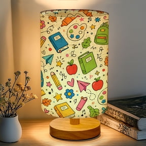 16-Color Dimmable Table Lamp, Colorful Books Art Supplies Playful Bedside Lamp Nightstand Light for Bedroom Nursery, Wood Base Fabric Shade Reading Lamps Back to School Gifts for Kids