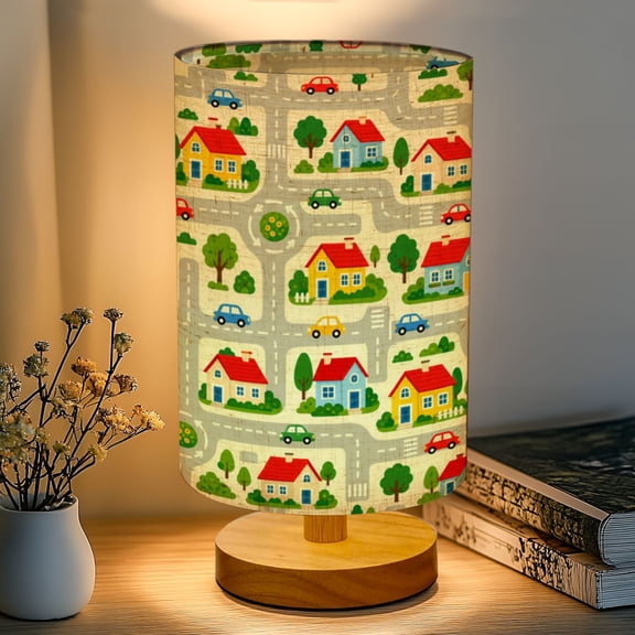 16-Color Dimmable Table Lamp, Colorful Cartoon Town Map Roads Roundabouts Houses Bedside Lamp Nightstand Light for Bedroom Nursery, Wood Base Fabric Shade Reading Lamps Back to School Gifts for Kids