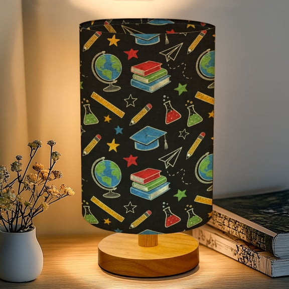 16-Color Dimmable Table Lamp, Colorful Chalkboard Graduation Books Bedside Lamp Nightstand Light for Bedroom Nursery, Wood Base Fabric Shade Reading Lamps Back to School Gifts for Kids