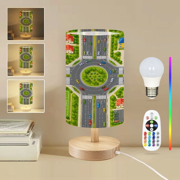 16-Color Dimmable Table Lamp, Colorful City Roundabout Map Roads Cars Bedside Lamp Nightstand Light for Bedroom Nursery, Wood Base Fabric Shade Reading Lamps Gifts for Kids