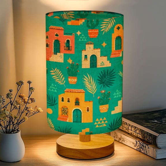 16-Color Dimmable Table Lamp, Colorful Mediterranean Style Houses Turquoise Doors Bedside Nightstand Light with Wood Base Fabric Shade, Gifts for Kids Bedroom Nursery Living Room Office
