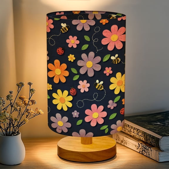 16-Color Dimmable Table Lamp, Colorful Paper Flowers Bees Ladybug Dark Bedside Lamp Nightstand Light for Bedroom Nursery, Wood Base Fabric Shade Reading Lamps Back to School Gifts for Kids
