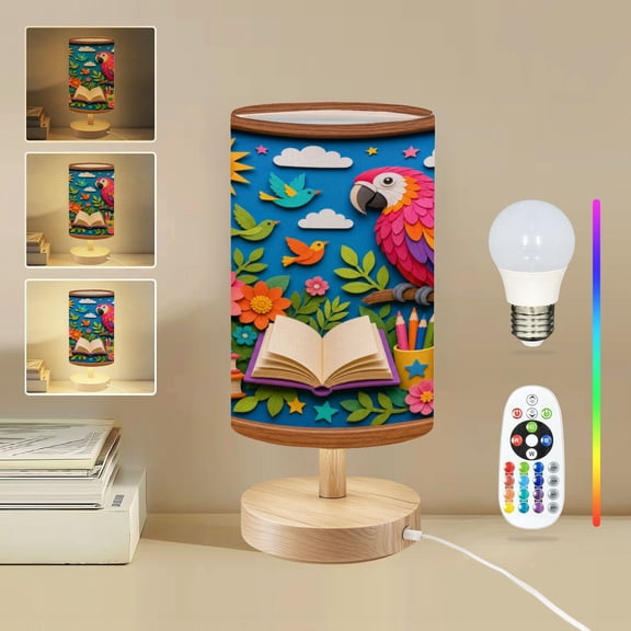 16-Color Dimmable Table Lamp, Colorful Papercut Parrot Birds Happy Bedside Lamp Nightstand Light for Bedroom Nursery, Wood Base Fabric Shade Reading Lamps Gifts for Kids