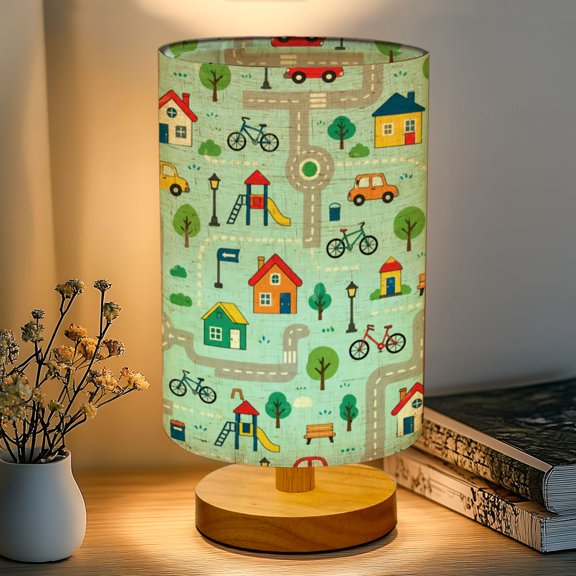 16-Color Dimmable Table Lamp, Colorful Playground Sports Area Roads Roundabouts Bedside Lamp Nightstand Light for Bedroom Nursery, Wood Base Fabric Shade Reading Lamps Back to School Gifts for Kids