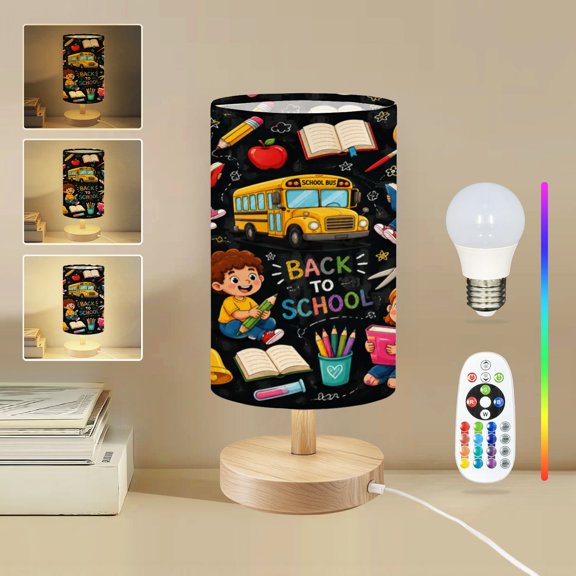 16-Color Dimmable Table Lamp, Colorful School Supplies Learning Fun Bedside Lamp Nightstand Light for Bedroom Nursery, Wood Base Fabric Shade Reading Lamps Gifts for Kids