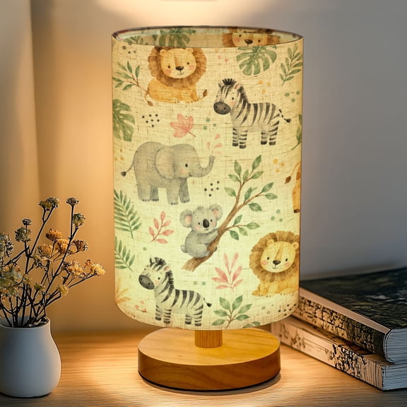 16-Color Dimmable Table Lamp, Cute Animals Watercolor Lion Giraffe Elephant Zebra Bedside Nightstand Light with Wood Base Fabric Shade, Gifts for Kids Bedroom Nursery Living Room Office