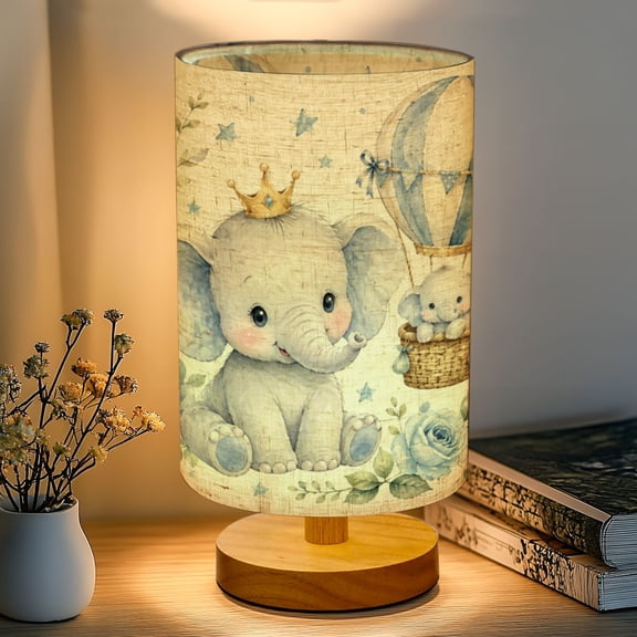 16-Color Dimmable Table Lamp, Cute Baby Elephant Crown Air Balloon Blue Floral Bedside Lamp Nightstand Light for Bedroom Nursery, Wood Base Fabric Shade Reading Lamps Gifts for Kids