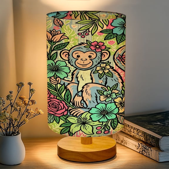 16-Color Dimmable Table Lamp, Cute Cartoon Monkey Floral Jungle Colorful Blossoms Bedside Lamp Nightstand Light for Bedroom Nursery, Wood Base Fabric Shade Reading Lamps Gifts for Kids