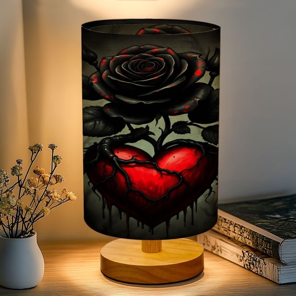 16-Color Dimmable Table Lamp, Dark Gothic Black Rose Growing Red Heart Dripping Bedside Lamp Nightstand Light for Bedroom Nursery, Wood Base Fabric Shade Reading Lamps Gifts for Kids