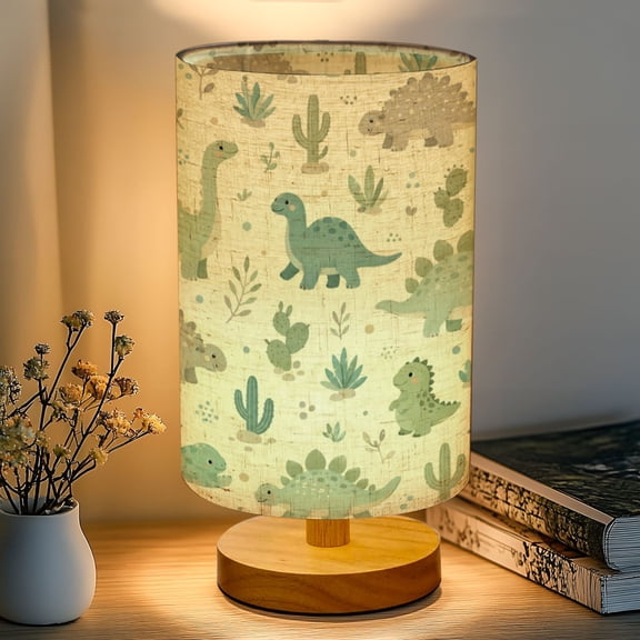 16-Color Dimmable Table Lamp, Dinosaur baby boy Sweet dino palm cactus Bedside Lamp Nightstand Light for Bedroom Nursery, Wood Base Fabric Shade Reading Lamps Gifts for Kids
