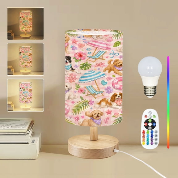 16-Color Dimmable Table Lamp, Dogs Relaxing Tropical Beach Under Pink Umbrellas Watercolor Palm Bedside Nightstand Light with Wood Base Fabric Shade, Gifts for Girls Bedroom Living Room Dorm