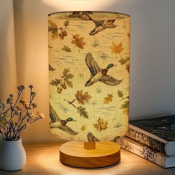 16-Color Dimmable Table Lamp, Duck Flying Geese Autumn Leaves Camouflage Bedside Nightstand Light with Wood Base Fabric Shade, Gifts for Kids Bedroom Nursery Living Room Office