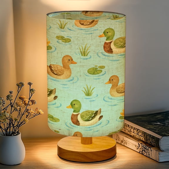 16-Color Dimmable Table Lamp, Ducks Swimming Light Blue Bedside Nightstand Light with Wood Base Fabric Shade, Gifts for Kids Bedroom Nursery Living Room Office