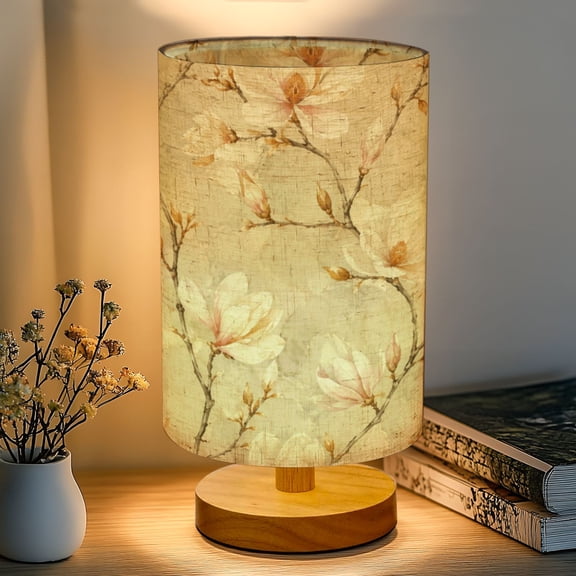 16-Color Dimmable Table Lamp, Elegant Magnolia Flowers Soft Beige Cream Bedside Lamp Nightstand Light for Bedroom Nursery, Wood Base Fabric Shade Reading Lamps Gifts for Kids