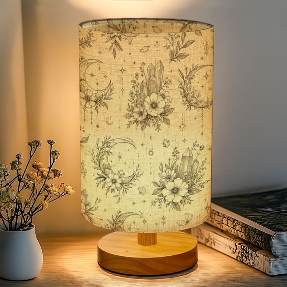 16-Color Dimmable Table Lamp, Floral Celestial Crystals Bedside Lamp Nightstand Light for Bedroom Nursery, Wood Base Fabric Shade Reading Lamps Gifts for Kids
