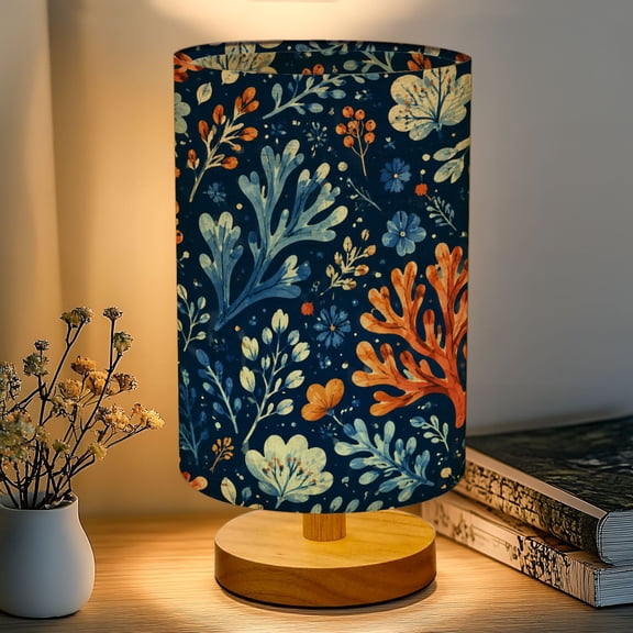 16-Color Dimmable Table Lamp, Floral botanical flowers blue orange Bedside Lamp Nightstand Light for Bedroom Nursery, Wood Base Fabric Shade Reading Lamps Gifts for Kids