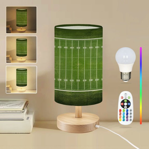 16-Color Dimmable Table Lamp, Football Field Yard Lines Touchdown Bedside Lamp Nightstand Light for Bedroom Nursery, Wood Base Fabric Shade Reading Lamps Gifts for Kids