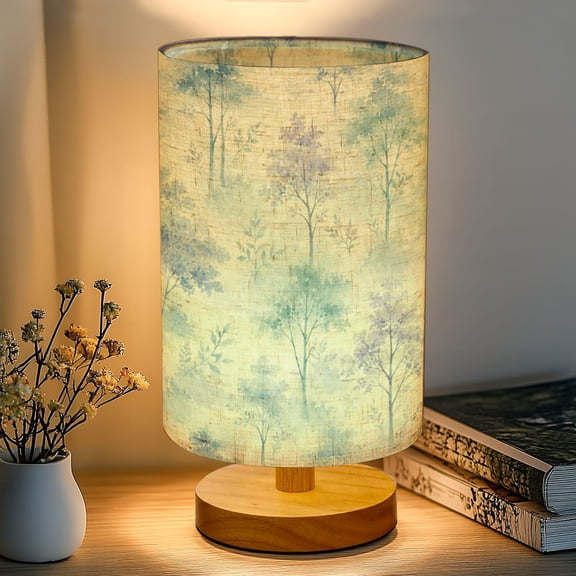 16-Color Dimmable Table Lamp, Forest Botanical Tree Abstract Landscape Misty Forest Bedside Nightstand Light with Wood Base Fabric Shade, Gifts for Kids Bedroom Nursery Living Room Office