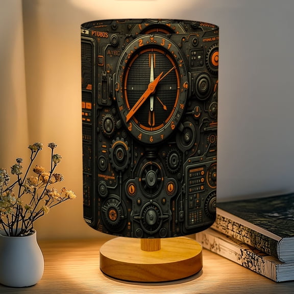 16-Color Dimmable Table Lamp, Futuristic Steampunk Control Panel Orange Black Dials Gauges Bedside Lamp Nightstand Light for Bedroom Nursery, Wood Base Fabric Shade Reading Lamps Gifts for Kids