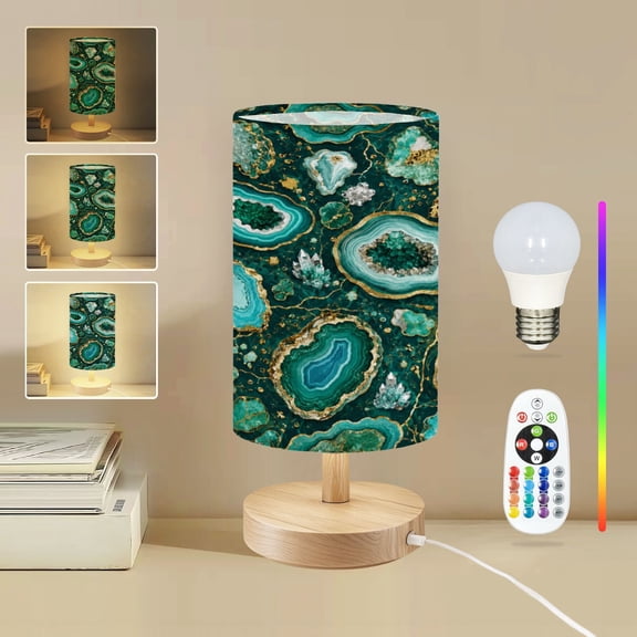 16-Color Dimmable Table Lamp, Geode Crystal Close up Green Agate Gold Detailing Bedside Nightstand Light with Wood Base Fabric Shade, Gifts for Girls Bedroom Nursery Living Room