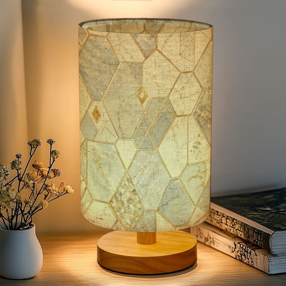 16-Color Dimmable Table Lamp, Geometric Hexagon Hexagonal Shapes Golden Lines White Bedside Lamp Nightstand Light for Bedroom Nursery, Wood Base Fabric Shade Reading Lamps Gifts for Kids