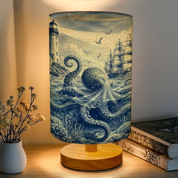 16-Color Dimmable Table Lamp, Giant Octopus Emerging from Ocean Waves Sailing Ship Bedside Lamp Nightstand Light for Bedroom Nursery, Wood Base Fabric Shade Reading Lamps Gifts for Kids