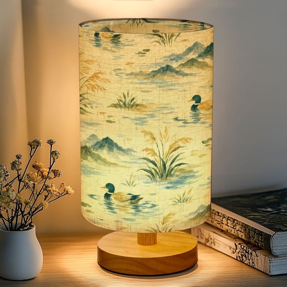 16-Color Dimmable Table Lamp, Golden Field Landscape Ducks Swimming Calm River Bedside Nightstand Light with Wood Base Fabric Shade, Gifts for Kids Bedroom Nursery Living Room Office