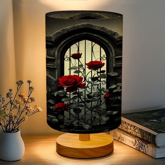 16-Color Dimmable Table Lamp, Gothic Arched Gate Vibrant Red Roses Dark Rainy Bedside Lamp Nightstand Light for Bedroom Nursery, Wood Base Fabric Shade Reading Lamps Gifts for Kids