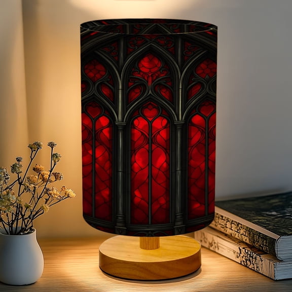 16-Color Dimmable Table Lamp, Gothic Red Stained Glass Window Black Tracery Bedside Lamp Nightstand Light for Bedroom Nursery, Wood Base Fabric Shade Reading Lamps Gifts for Kids