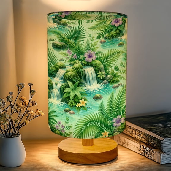 16-Color Dimmable Table Lamp, Green Forest Multi Tier Waterfall Stone Staircase Bedside Nightstand Light with Wood Base Fabric Shade, Gifts for Kids Bedroom Nursery Living Room Office