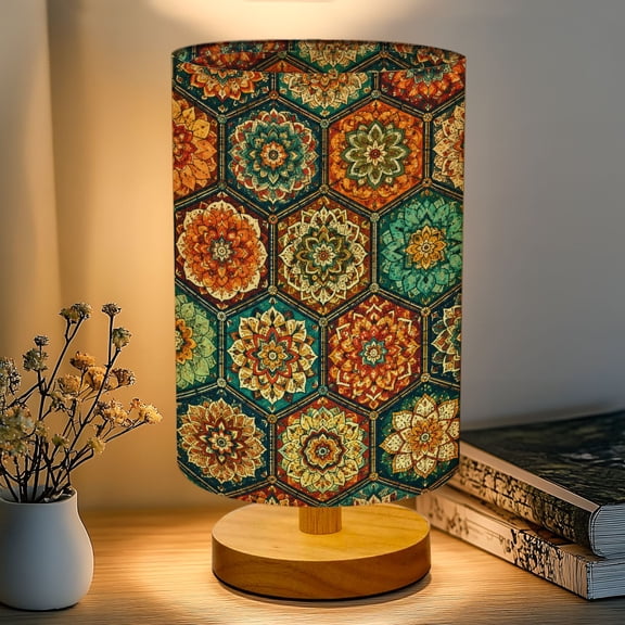 16-Color Dimmable Table Lamp, Hexagonal Mandala Vibrant Floral Motifs Warm Colors Bedside Nightstand Light with Wood Base Fabric Shade Bedroom Nursery Living Room Office