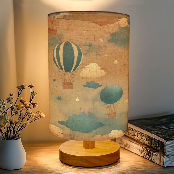 16-Color Dimmable Table Lamp, Hot Air Balloons Clouds Soft Pastel Sky Bedside Lamp Nightstand Light for Bedroom Nursery, Wood Base Fabric Shade Reading Lamps Gifts for Kids