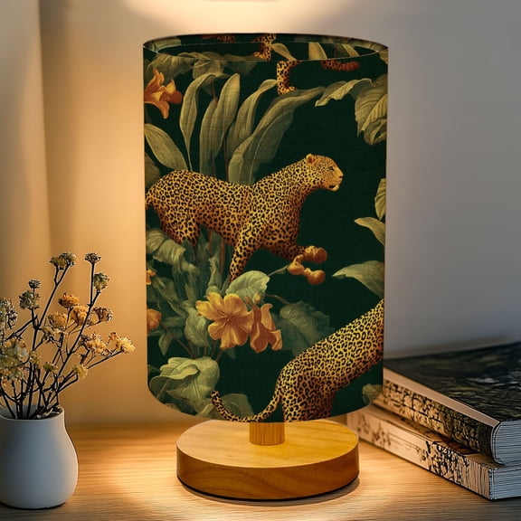 16-Color Dimmable Table Lamp, Leopard Tropical Flowers Bedside Lamp Nightstand Light for Bedroom Nursery, Wood Base Fabric Shade Reading Lamps Gifts for Kids