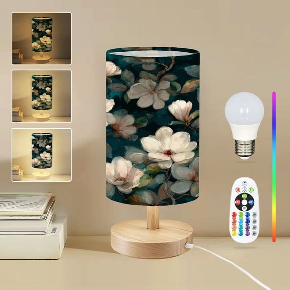 16-Color Dimmable Table Lamp, Magnolia Flowers Dark Bedside Lamp Nightstand Light for Bedroom Nursery, Wood Base Fabric Shade Reading Lamps Gifts for Kids