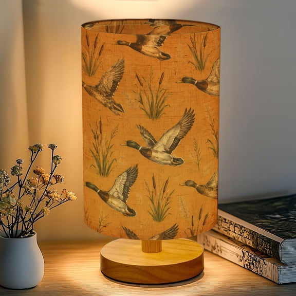 16-Color Dimmable Table Lamp, Mallard Ducks Cattails Rustic Orange Bedside Lamp Nightstand Light for Bedroom Nursery Cabin, Wood Base Fabric Shade Reading Lamps Gifts for Kids