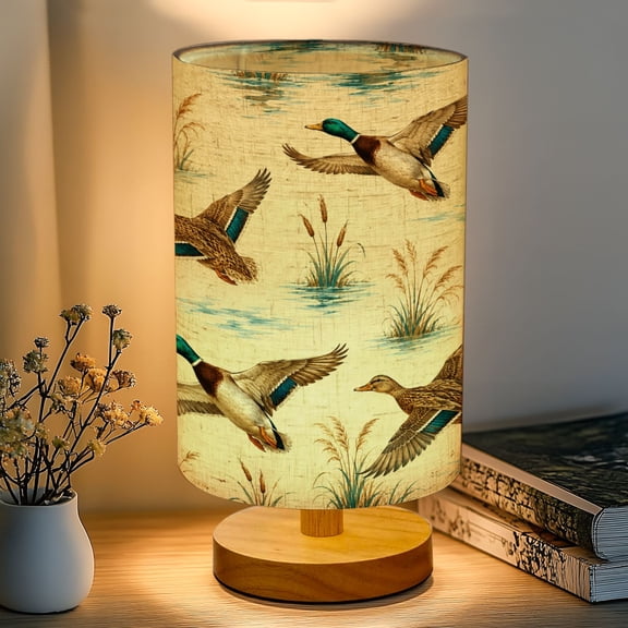 16-Color Dimmable Table Lamp, Mallard Ducks Flight Calm Waterway Golden Grass Bedside Nightstand Light with Wood Base Fabric Shade, Gifts for Kids Bedroom Nursery Living Room Office