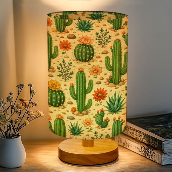 16-Color Dimmable Table Lamp, Mexican Cactus Vintage Desert Botanical Boho Bedside Nightstand Light with Wood Base Fabric Shade, Gifts for Kids Bedroom Nursery Living Room Office