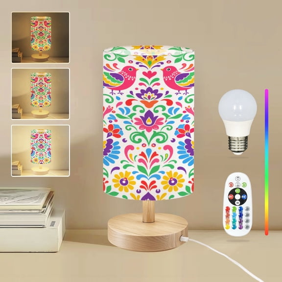 16-Color Dimmable Table Lamp, Mexican flower traditional Mexican ethnic Bedside Nightstand Light with Wood Base Fabric Shade Decorative Lamps for Office Dorm Home