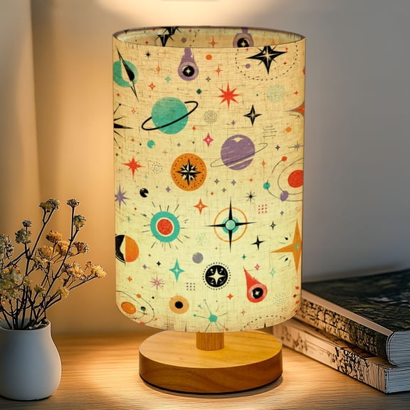 16-Color Dimmable Table Lamp, Mid Century Fifties Modern Atomic Retro Luxurious Graphic Bedside Lamp Nightstand Light for Bedroom Nursery, Wood Base Fabric Shade Reading Lamps Gifts for Kids