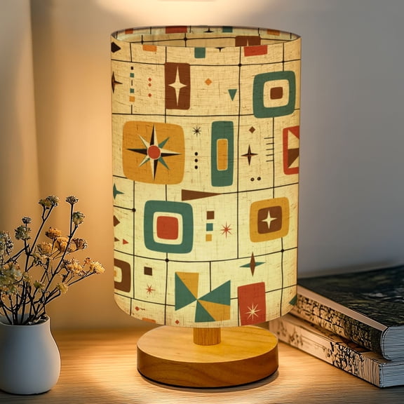 16-Color Dimmable Table Lamp, Mid Century Modern Geometric Grid Lines Colorful Bedside Nightstand Light with Wood Base Fabric Shade, Gifts for Kids Bedroom Nursery Living Room Office