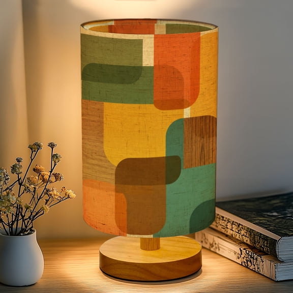 16-Color Dimmable Table Lamp, Modern Abstract Geometric Overlapping Rounded Rectangles Bedside Lamp Nightstand Light for Bedroom Nursery, Wood Base Fabric Shade Reading Lamps Gifts for Kids