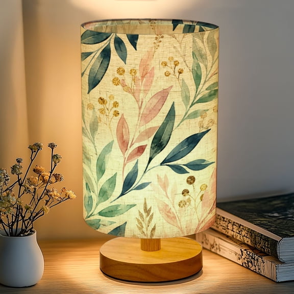 16-Color Dimmable Table Lamp, Modern Botanical Pink Gold Mint Navy Leaves Bedside Lamp Nightstand Light for Bedroom Nursery, Wood Base Fabric Shade Reading Lamps Gifts for Kids