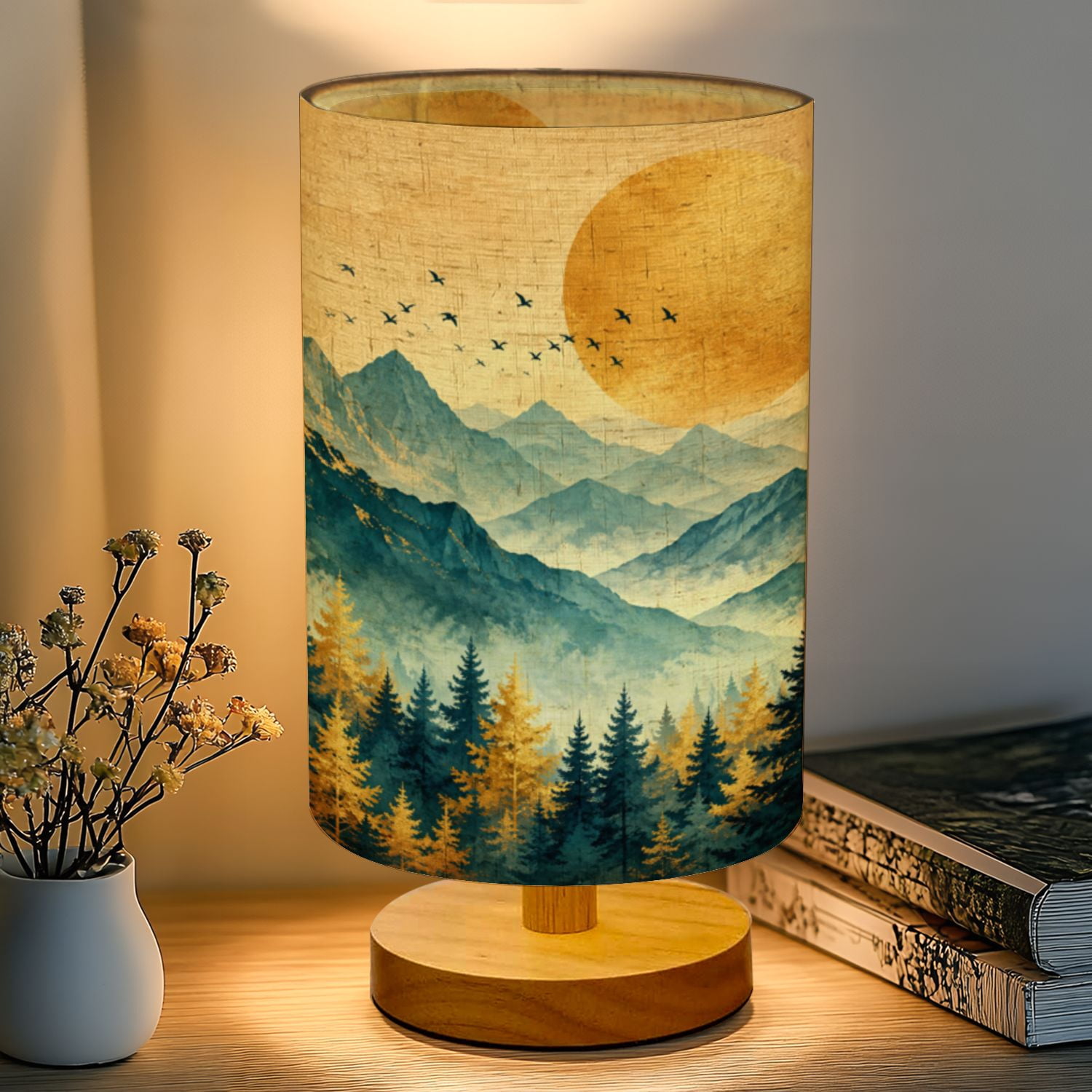 16-Color Dimmable Table Lamp, Mountain Landscape Golden Sun Birds ...