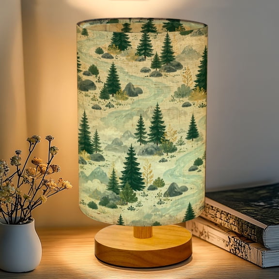 16-Color Dimmable Table Lamp, Mountain Stream Flowing Dense Forest Autumn Foliage Bedside Nightstand Light with Wood Base Fabric Shade, Gifts for Kids Bedroom Nursery Living Room Office