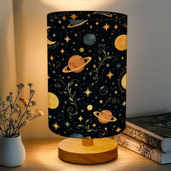 16-Color Dimmable Table Lamp, Mysterious Bookshelf Galaxy Space Fantasy Landscape Bedside Nightstand Light with Wood Base Fabric Shade, Gifts for Kids Bedroom Nursery Living Room Office