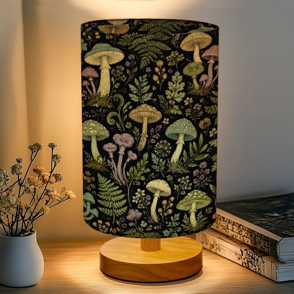 16-Color Dimmable Table Lamp, Mystical Forest Fungi Greenery Vibrant Flora Bedside Nightstand Light with Wood Base Fabric Shade, Gifts for Kids Bedroom Nursery Living Room Office