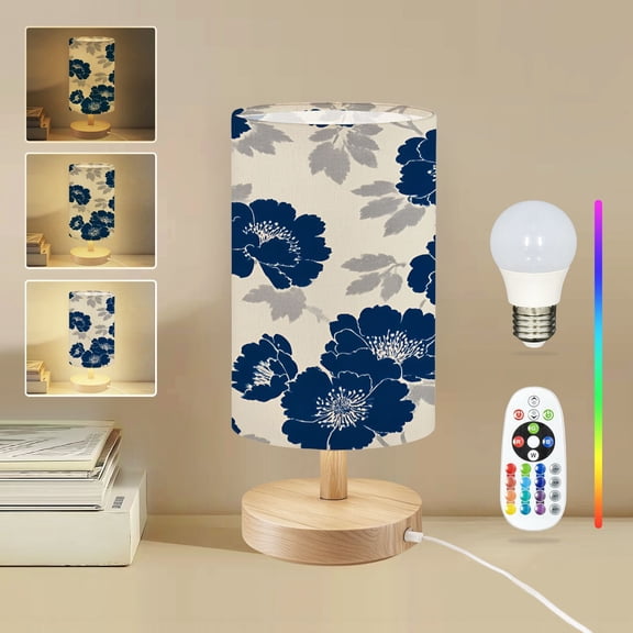 16-Color Dimmable Table Lamp, Navy Blue Silver Floral Bedside Lamp Nightstand Light for Bedroom Nursery, Wood Base Fabric Shade Reading Lamps Gifts for Kids