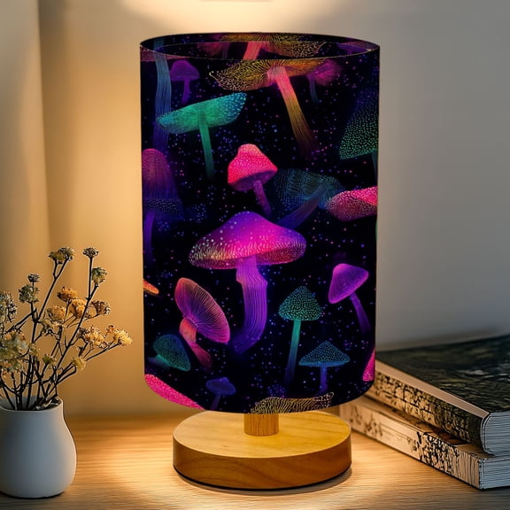 16-Color Dimmable Table Lamp, Neon Mushrooms Psychedelic Dark Bedside Lamp Nightstand Light for Bedroom Nursery, Wood Base Fabric Shade Reading Lamps Gifts for Kids