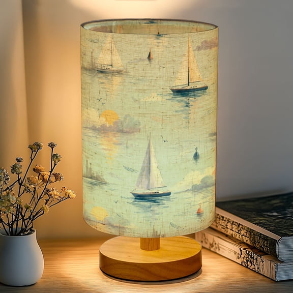 16-Color Dimmable Table Lamp, Oil Paintings Seascape Ocean Sea Beach Sailboats Sunset Calm Bedside Lamp Nightstand Light for Bedroom Nursery, Wood Base Fabric Shade Reading Lamps Gifts for Kids